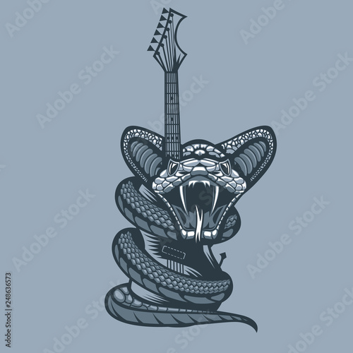 Dangerous Viper enveloping the Guitar. Monochrome tattoo style.