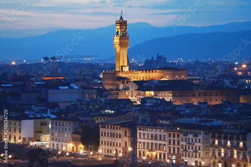 Aerial view of Palazzo Vecchio at night, Florence, Italy © sansa55