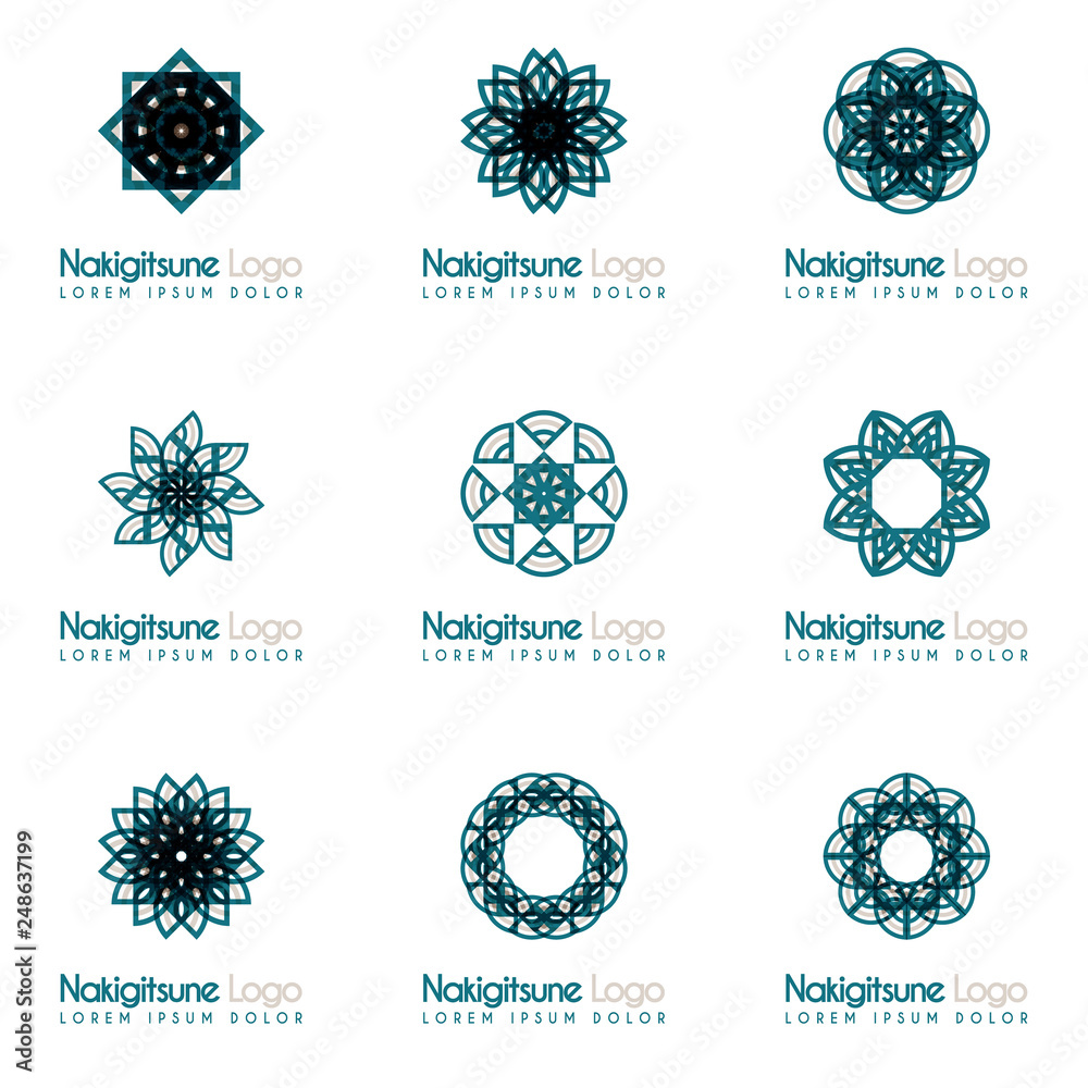 nine blue and gray flower logos with geometric shapes in pack. for the celebration of the religion and architecture of the Middle East. suitable for corporate, business and development interiors nine blue and gray flower logos with geometric shapes in pack. for the celebration of the religion and architecture of the Middle East. suitable for corporate, business and development interiors