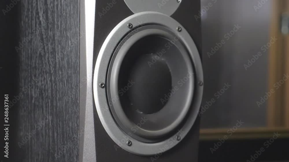 Close up of moving sub-woofer on recording studio. Black round audio speaker pulsating and vibrating from sound on low frequency. Working of modern high fidelity loudspeaker membrane. Slow motion Close up of moving sub-woofer on recording studio. Black round audio speaker pulsating and vibrating from sound on low frequency. Working of modern high fidelity loudspeaker membrane. Slow motion