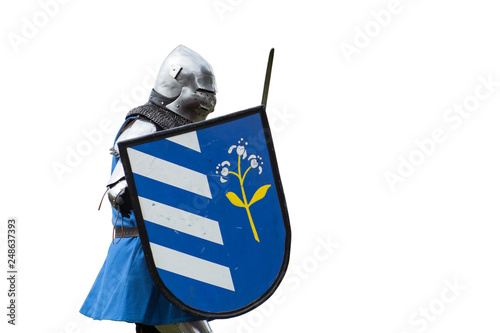 Knight tournament. The knights in the congregations are fighting in the ring. Public event in the city. Soldiers in armor of the Middle Ages.