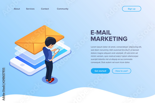 Isometric email marketing concept. Sending emails using a mobile phone or web version of your site. Can use for web banner, infographics, hero images.
