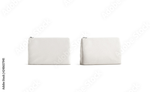 Blank canvas beauty bag mockup, isolated, front and half view, 3d rendering. Empty eco purse mock up. Clear female pouch with fastener. Storage sack for toiletry template.
