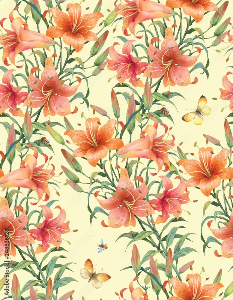 Lilies seamless background pattern. Version 3