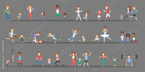 Set of sports people with their children. Parents