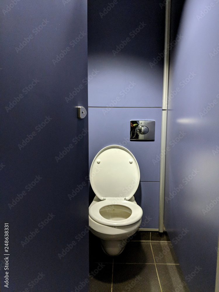 Shiny white porcelain toilet with the seat up in a purple MDF cubicle
