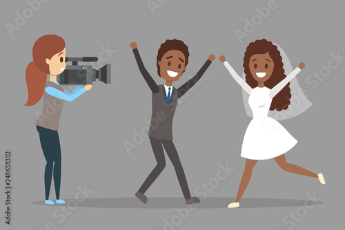 Beautiful woman and man couple making photoshoot