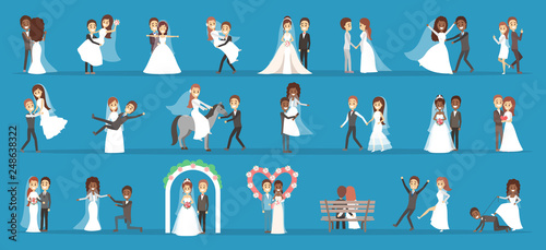 Couple wedding set. Collection of bride with bouquet