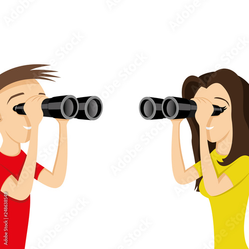 Young people looking through binoculars on a white background.