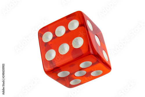 Red glass dice closeup isolated on white without shadow. Six, five, three.