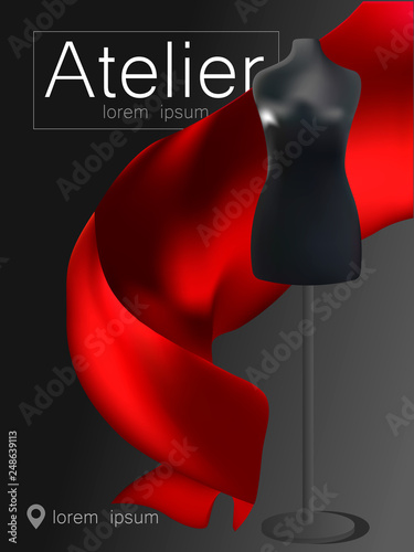 3D realistic black mannequin, and realistic red fabric. Atelier banner.