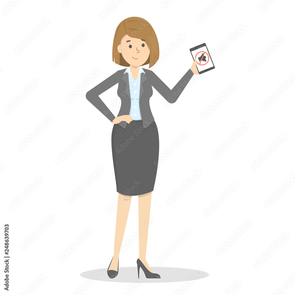 Woman holding mobile phone in hand. Silence symbol Woman holding mobile phone in hand. Silence symbol