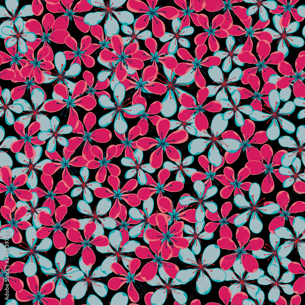 Vector of seamless floral pattern with pink and blue petals on black ...