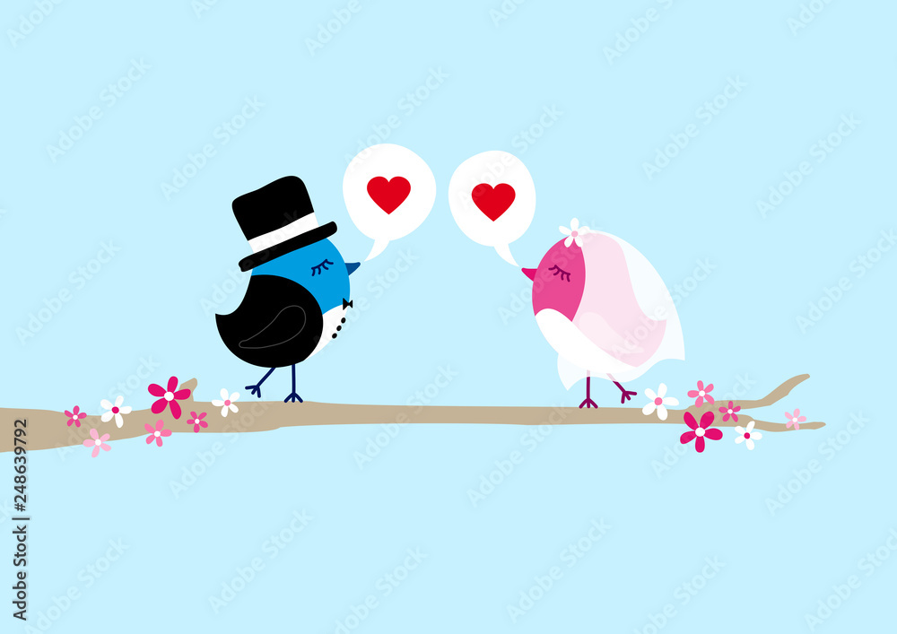 Vögel Hochzeit Auf Baum Sprechblasen Herzen Himmel Stock Vector Adobe