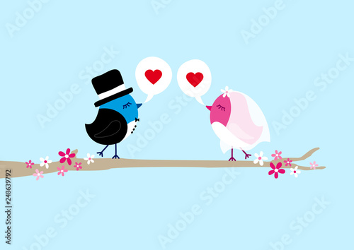 Vögel Hochzeit Auf Baum Sprechblasen Herzen Himmel