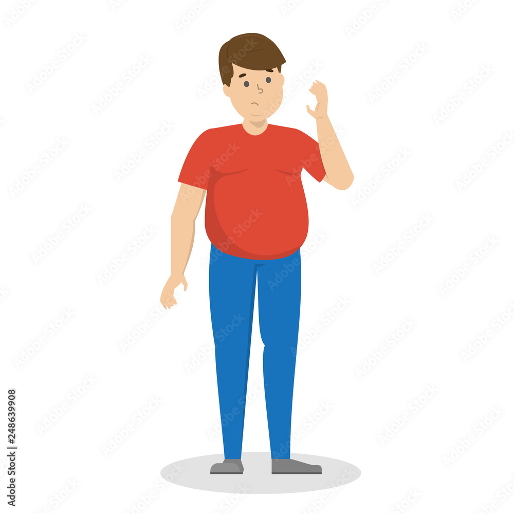 Sad fat man. Adult character with obesity Sad fat man. Adult character with obesity