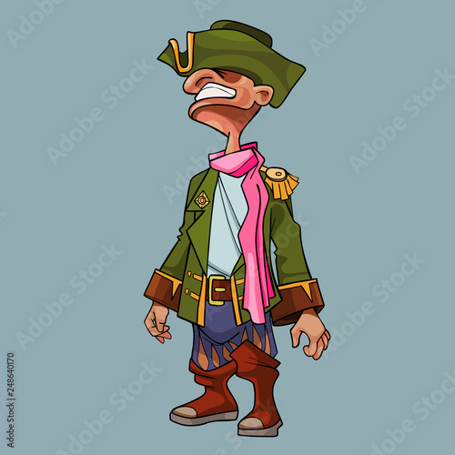 cartoon man in a cocked hat and pirate clothes with a pink scarf