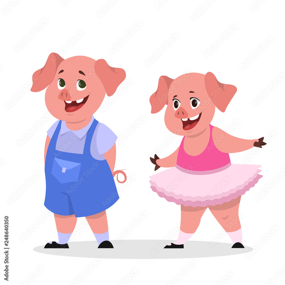 Cute baby pig in human clothes. Funny pink