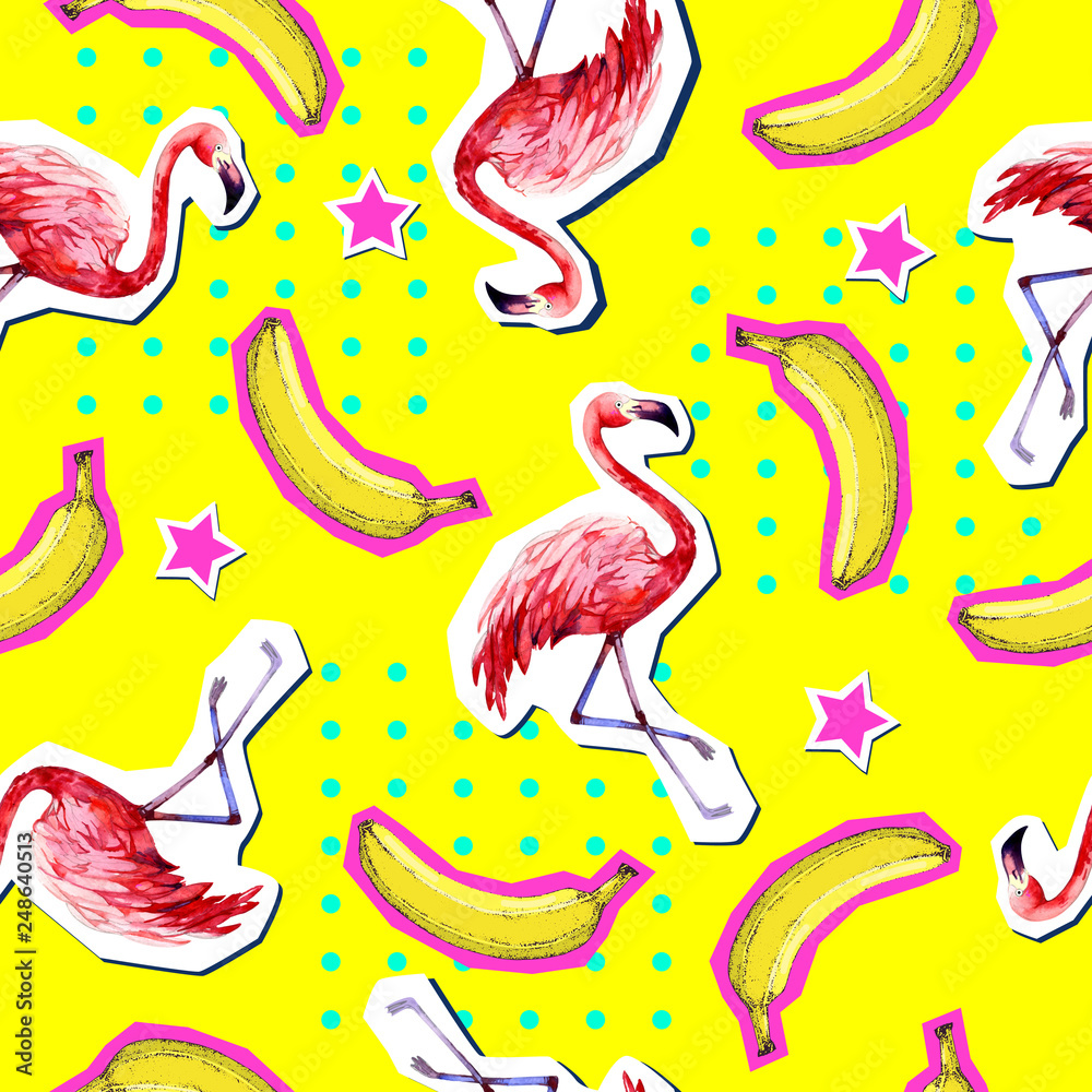 Summer seamless bright pattern with flamingo and banana. Zine Culture style summer background Summer seamless bright pattern with flamingo and banana. Zine Culture style summer background