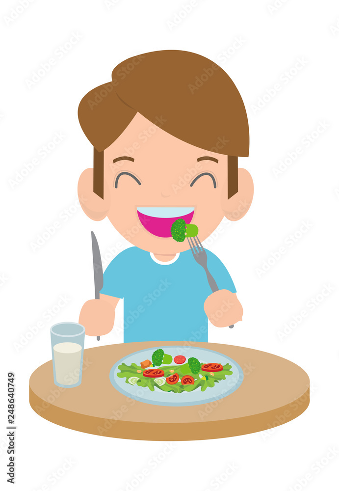 Cute cartoon happy boy eating salad. Healthy vegetable food and children vector illustration. Stock Vector | Adobe Stock Cute cartoon happy boy eating salad. Healthy vegetable food and children vector illustration. Stock Vector | Adobe Stock