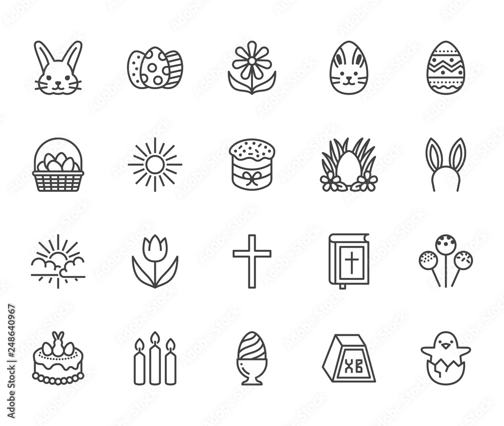 Easter flat line icons set. Colored eggs, basket, egg hunt, rabbit, spring flowers, bible, cake vector illustrations. Thin signs christianity celebration. Pixel perfect 64x64 Editable Strokes Easter flat line icons set. Colored eggs, basket, egg hunt, rabbit, spring flowers, bible, cake vector illustrations. Thin signs christianity celebration. Pixel perfect 64x64 Editable Strokes