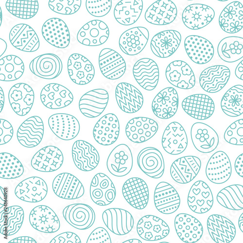 Easter seamless pattern with flat line icons of painted eggs. Egg hunt vector illustrations, christianity traditional celebration wallpaper. Blue, white color