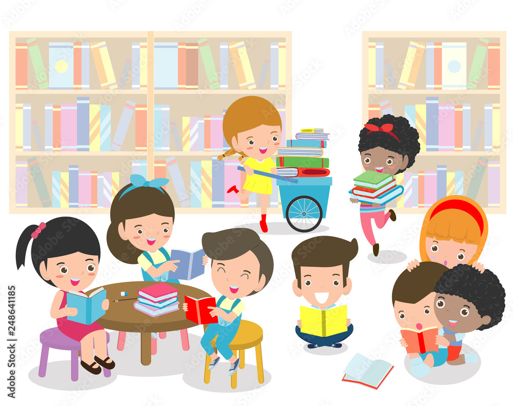 Vecteur Stock Happy kids reading book in a library ,cute children ...