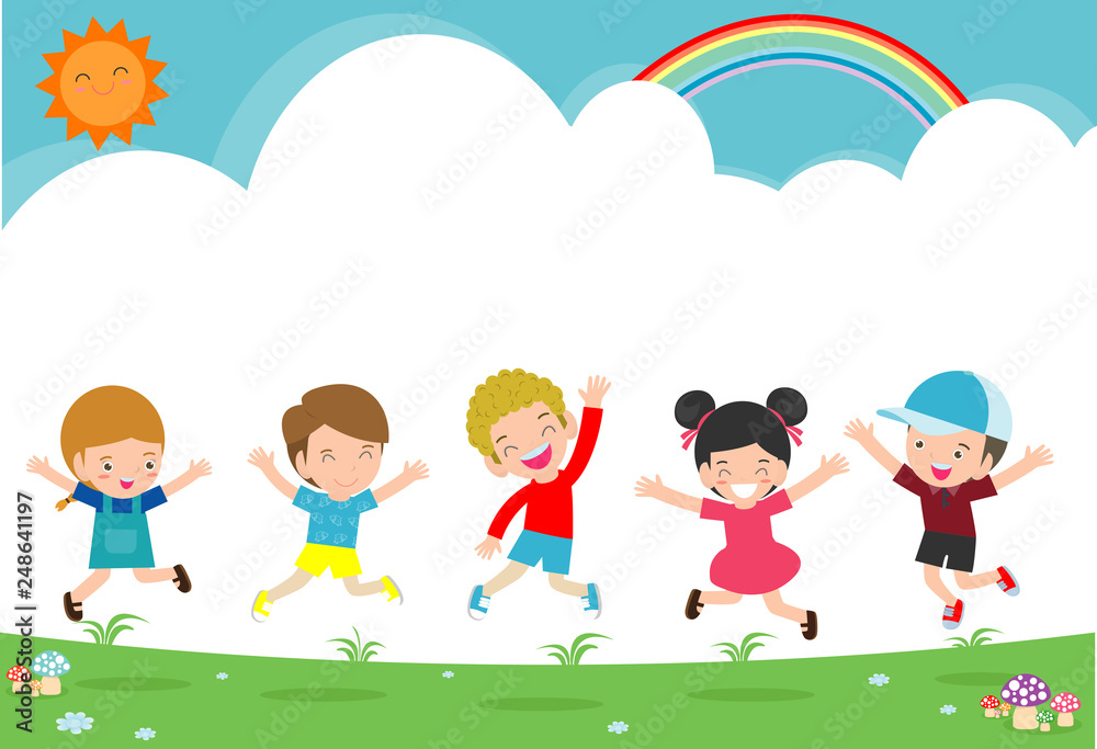 Kids jumping on the playground, children jump with joy, happy cartoon child  playing on background, Template for advertising brochure,your text , Kids  and frame,child and frame,Vector Illustration Stock Vector | Adobe Stock