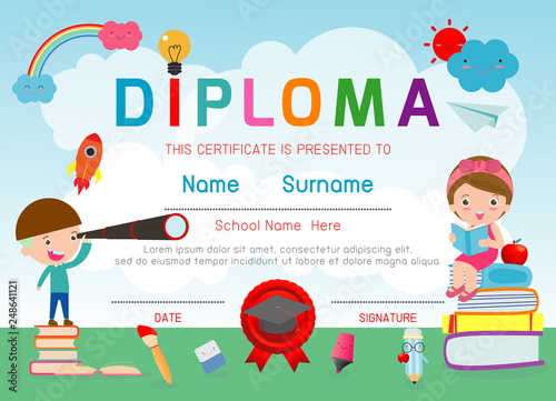 Certificates kindergarten and elementary, Preschool Kids Diploma certificate pattern design template, Diploma template for kindergarten students, Certificate of kids diploma, vector illustration