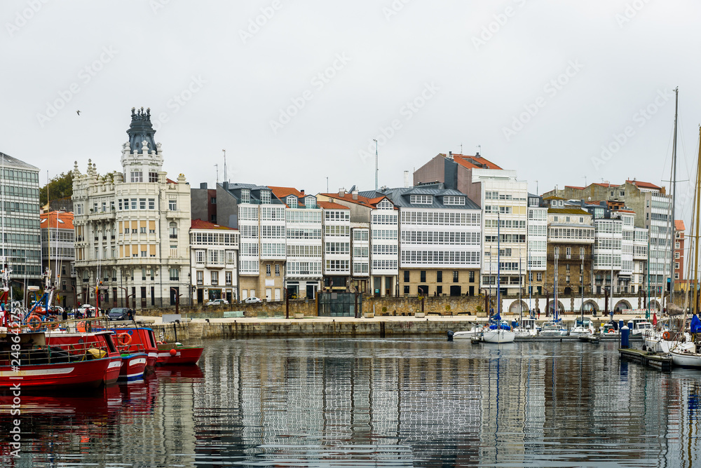 Port marina and buildings in center of Coruna Spain.