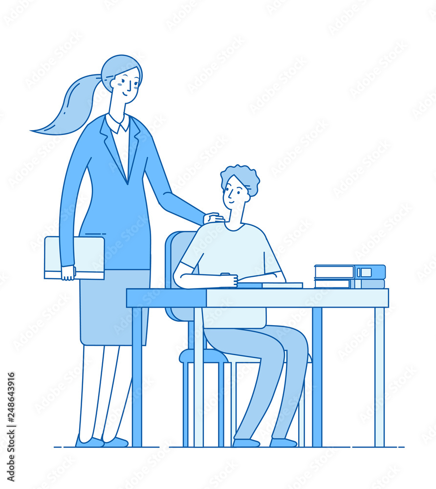 Teacher and smart student. Young woman at desk teaching and helping boy in classroom. Elementary school education vector concept. Illustration of woman teacher education, school learn