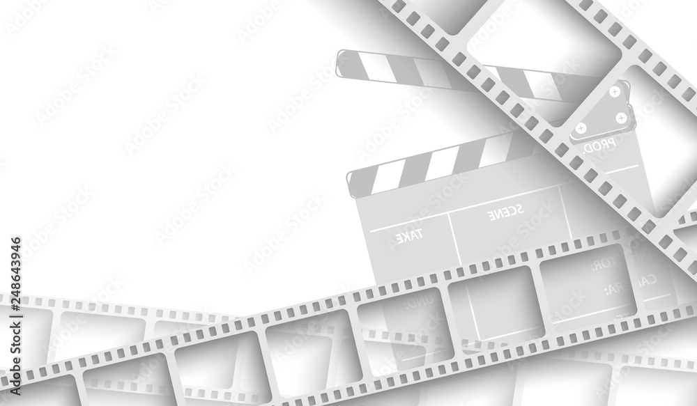Abstract background with white film strip frame and clapperboard isolated on white background. Design template cinema with space for your text. Movie time concept. 3d style.Vector illustration EPS 10.
