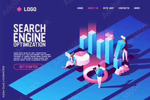 Vector concept with search engine optimisation scene. Abstract graphs and diagrams, people working with seo. Horizontal illustration good for landing page, web banner design or print. Vivid gradients