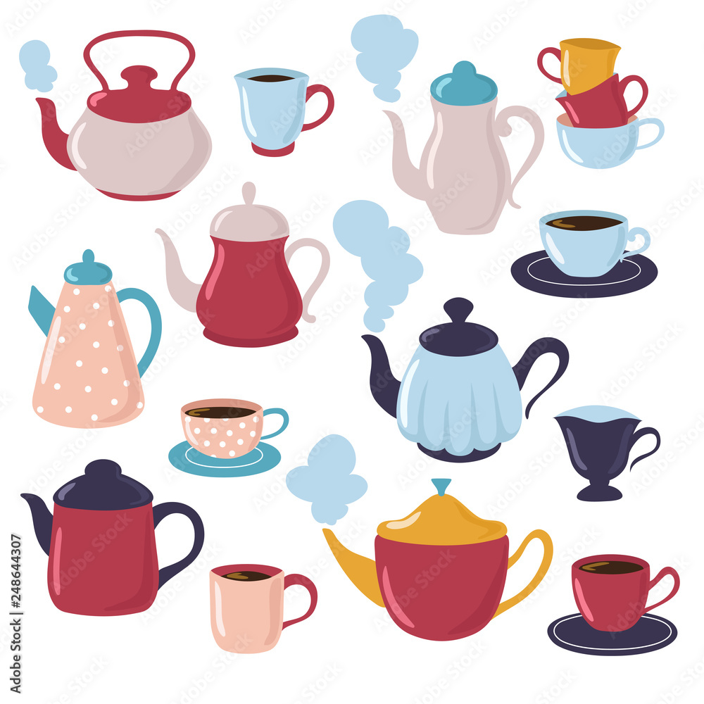 Teapot and cup collection. Cartoon water kettle and porcelain cups with tea.  Kitchenware vector set. Teapot of cup, tea drink illustration Stock Vector  | Adobe Stock