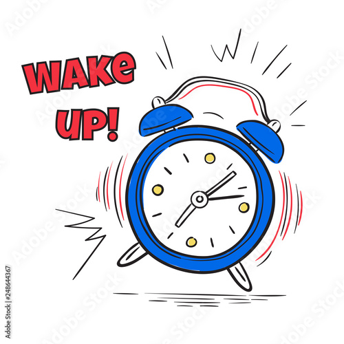 Alarm wake up. Clock ringing in morning. Hand drawing sketch comic poster, countdown vector concept. Illustration of clock alarm wake up time