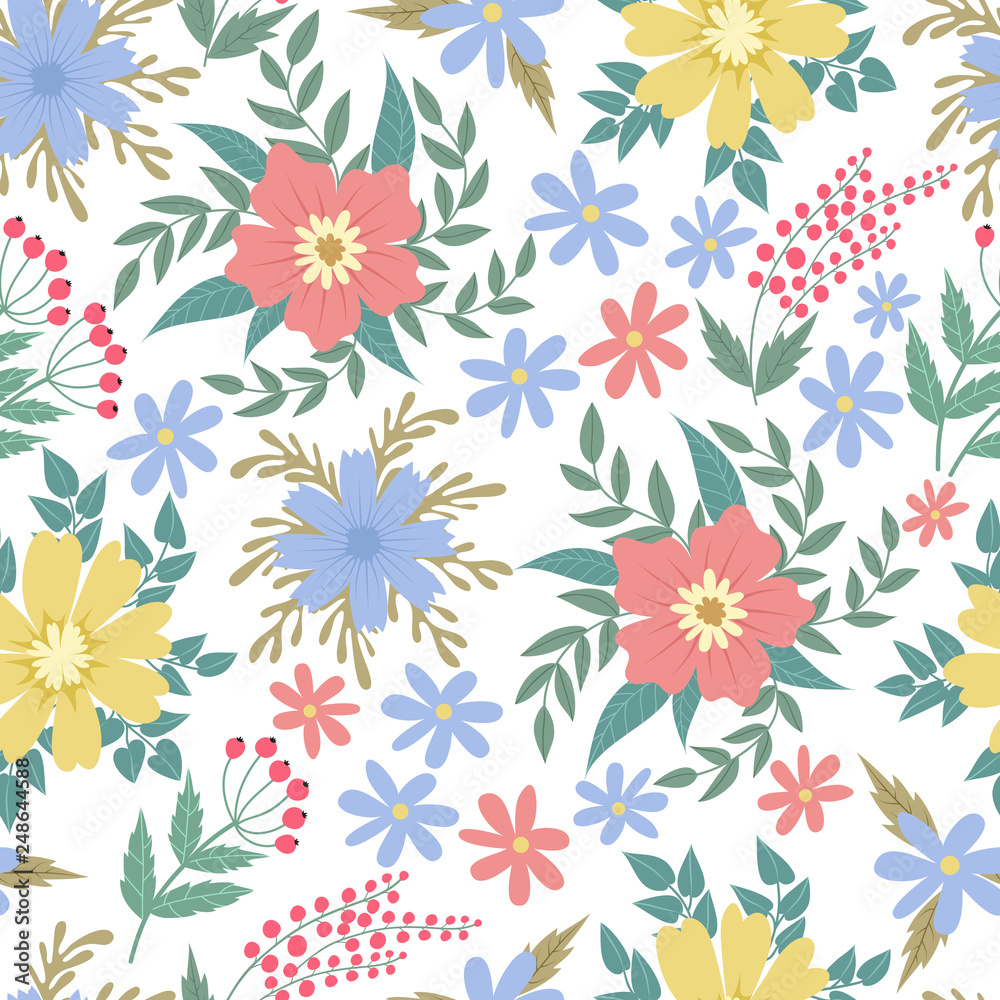 Spring flowers seamless patten. Garden summer flower motif floral texture vector backgrond. Background seamless color flower illustration Spring flowers seamless patten. Garden summer flower motif floral texture vector backgrond. Background seamless color flower illustration