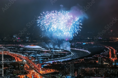 blue firework over the moscow luzhniki roof top view