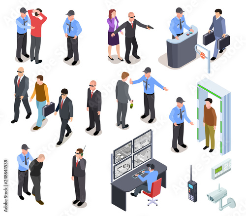 Security system isometric concept. Secure police officer checkpoint access equipment, personal guard, criminal identity. 3d vector set. Illustration of checkpoint for verification and inspection
