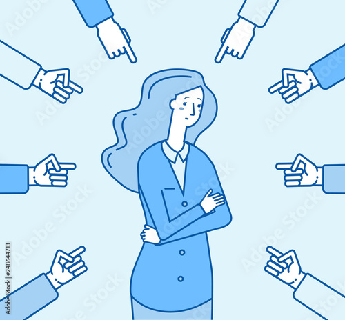 Ashamed society woman. Sadness depression girl and pointing fingers. Frustrated stupid blame victim humiliation female vector concept. Ashamed girl, society victim, sadness and depression illustration