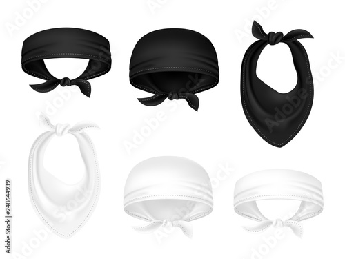 Black and white bandanas or bikers scarfs isolated on white background. Vector bandana and scarf accessory, neckerchief and handkerchief illustration