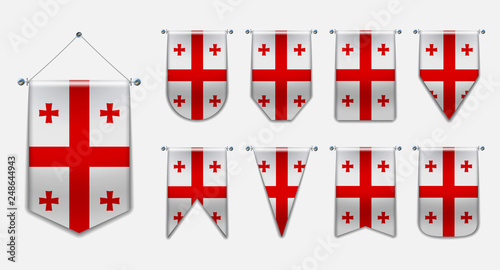Set of hanging flags of the GEORGIA with textile texture. Diversity shapes of the national flag country. Vertical Template Pennant for background, banner, web site,award, achievement, festival.