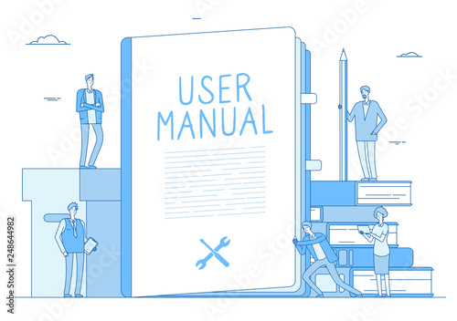 User manual. People with guidance guided textbook. User reading guidebook and writing technical instructions. Vector concept. Illustration of guide textbook, guidebook support