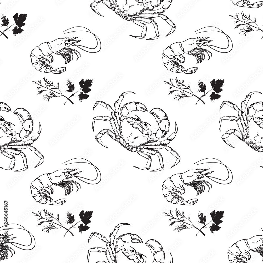 Vector seamless pattern of outline crab and shrimp.