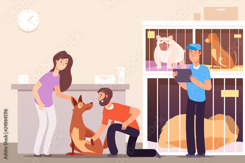 Homeless animals. People in shelter with pet cats and dogs in cages. Vector concept pet homeless, dog help and care illustration