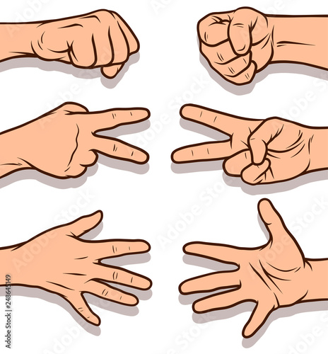 Cartoon graphic white human hands. Showing stone, scissors, paper game gesture or sign. Isolated on white background with shadow. Vector icons set.