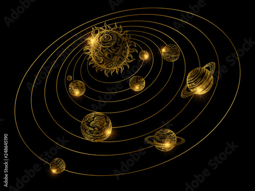 Shine golden solar system with hand drawn planets isolated on black background. Golden solar system, astronomy and galaxy, cosmos universe with sun illustration