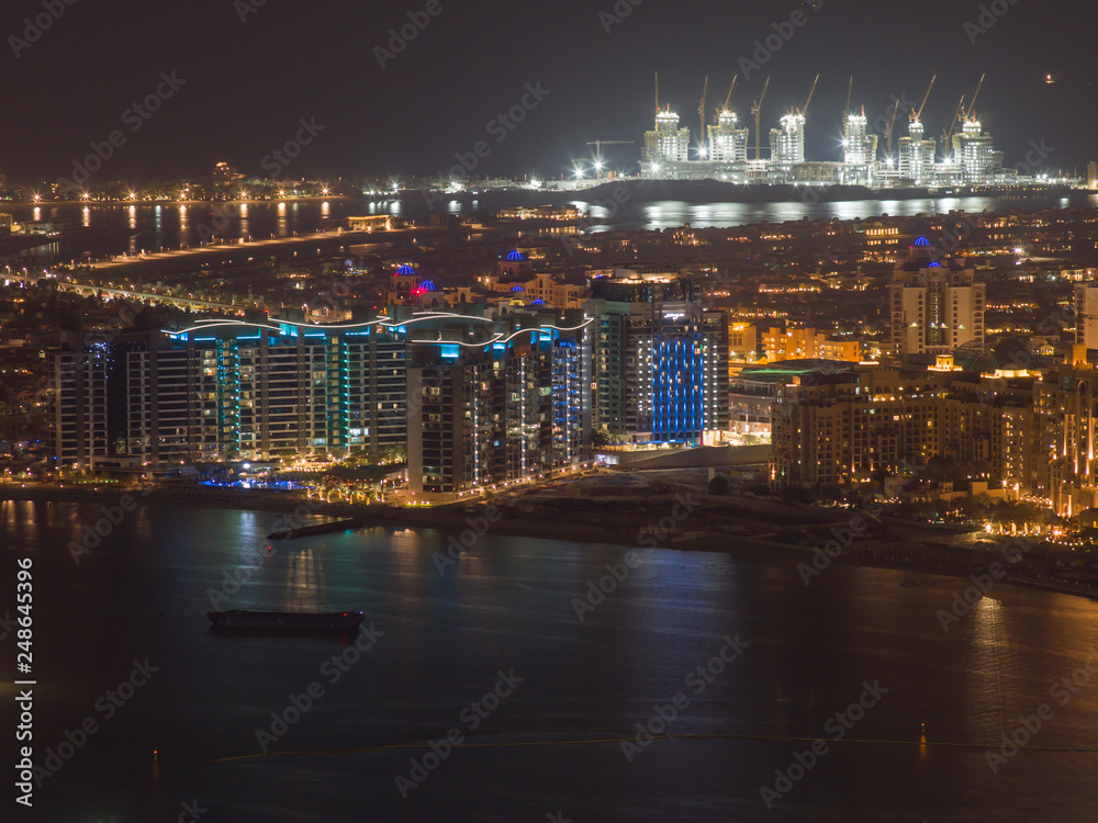 View from the height of the Palm Jumeirah at night.
