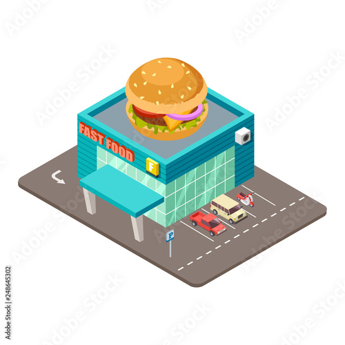 Fast food restaurant. Isometric modern burger house building vector concept. Cafe fast food with burger on roof illustration