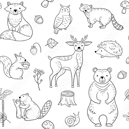 Forest animals seamless pattern. Fox Owl Raccoon Beaver Bear Hedgehog Squirrel Fox. Woodland baby animal vector wallpaper. Squirrel and bear, woodland repeat background illustration