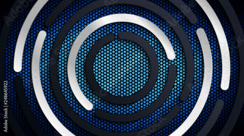 Stainless steel metal panel and perforated sheet pattern over blue light background